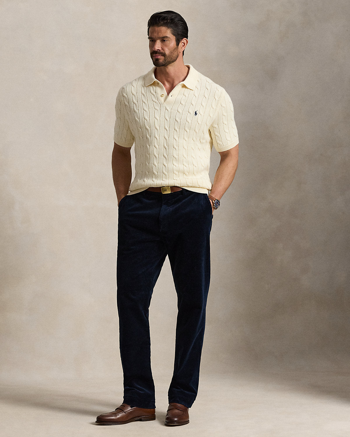 Men's Cable-Knit Cotton Polo Sweater