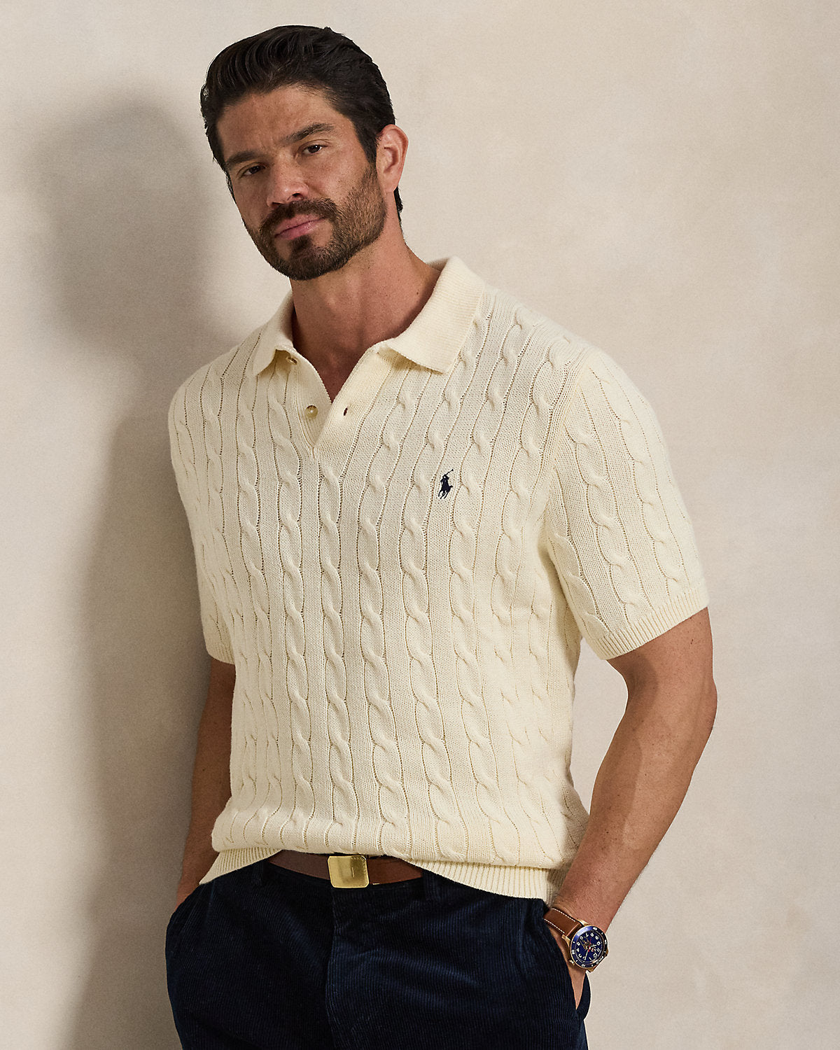 Men's Cable-Knit Cotton Polo Sweater