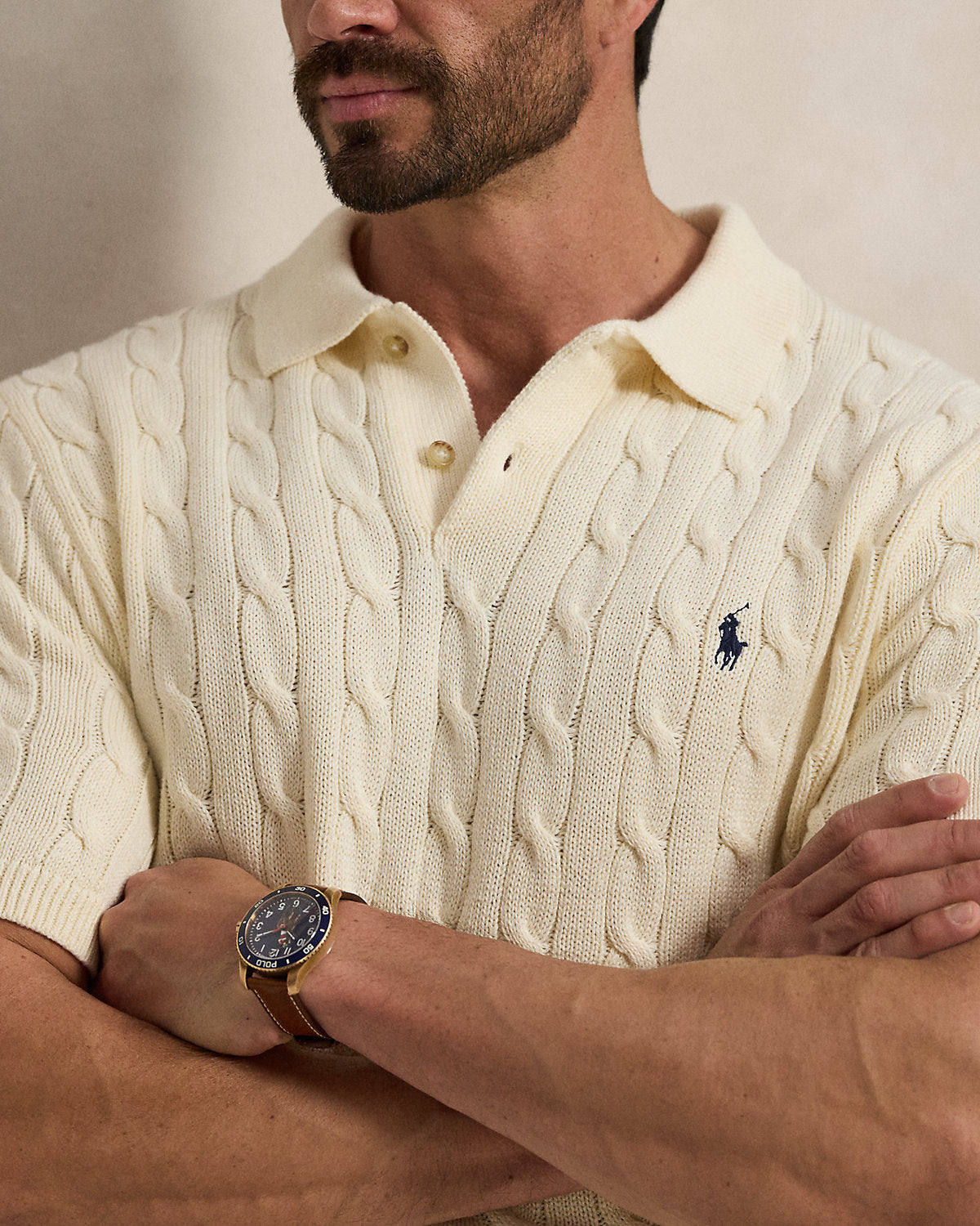 Men's Cable-Knit Cotton Polo Sweater