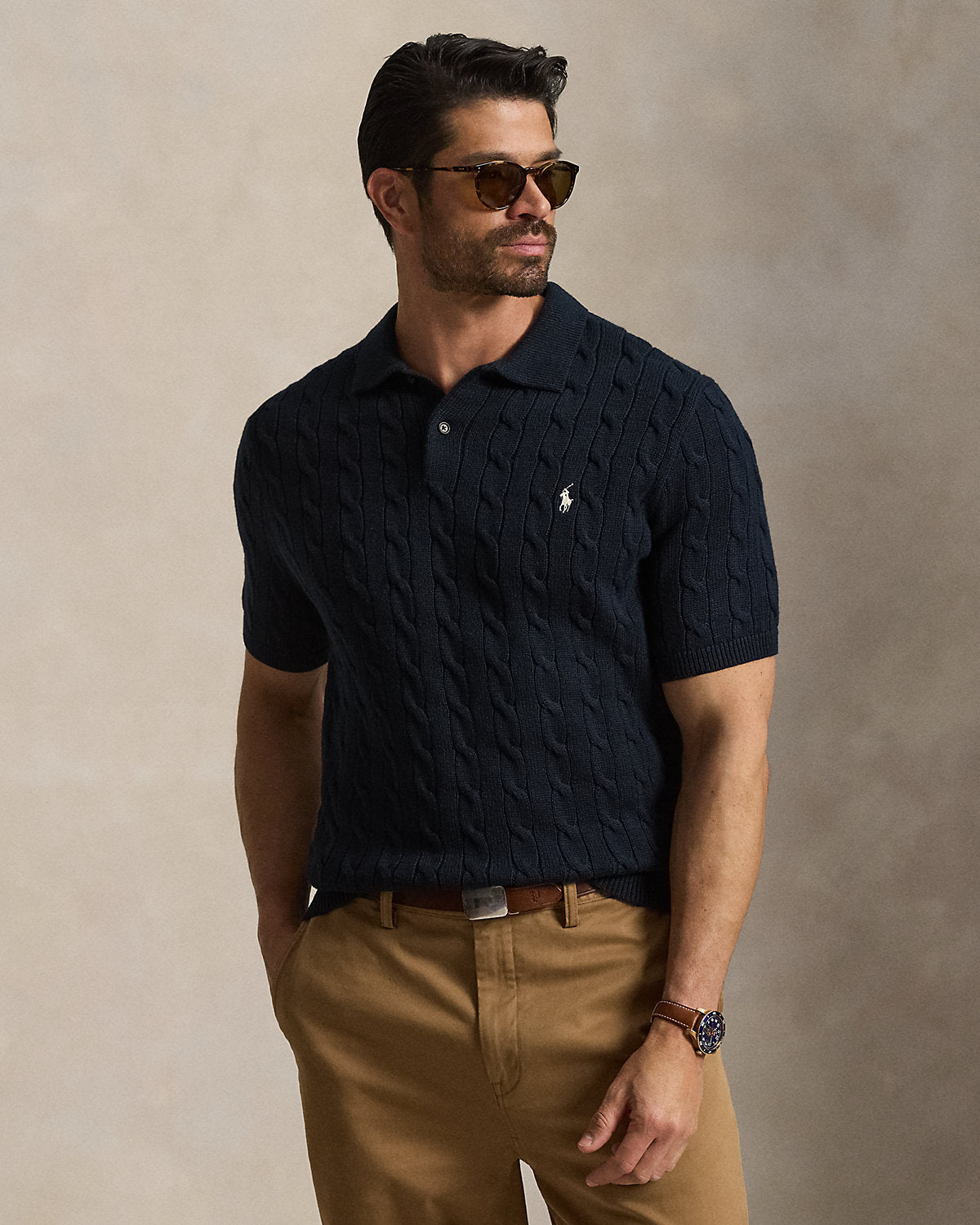 Men's Cable-Knit Cotton Polo Sweater