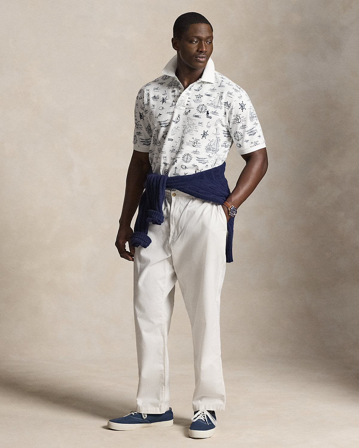 Nautical-Print Mesh Polo Shirt