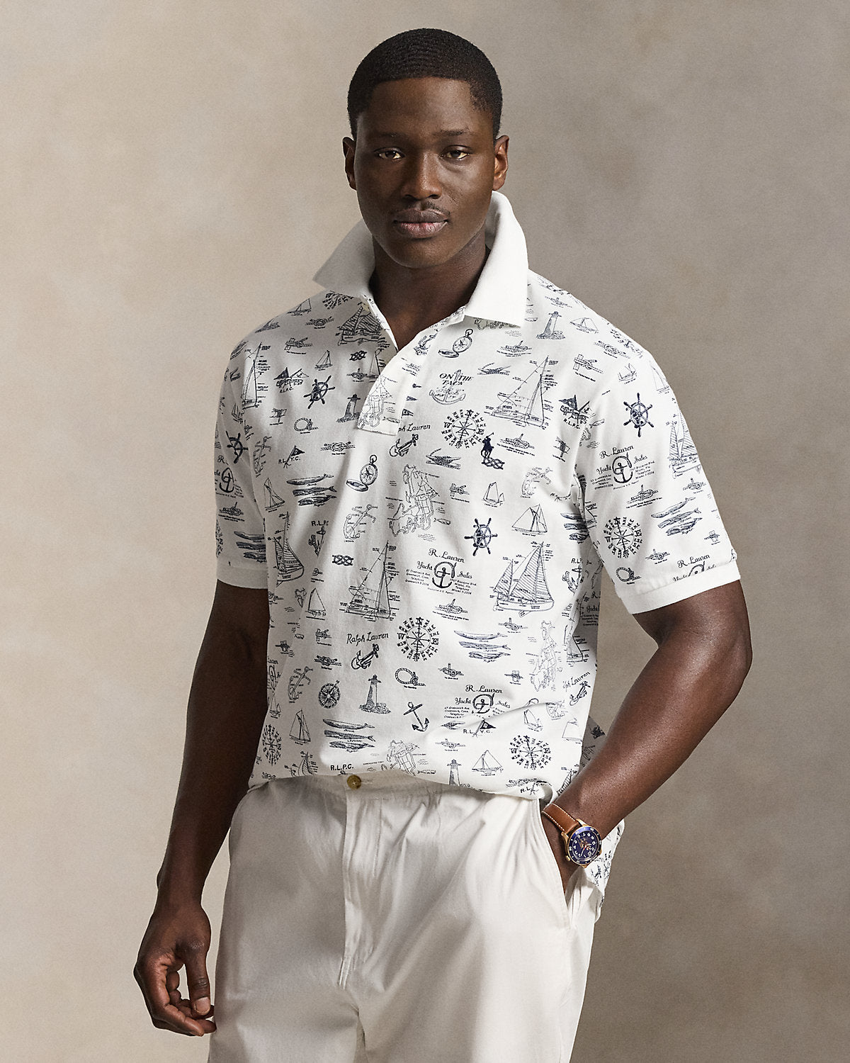 Nautical-Print Mesh Polo Shirt