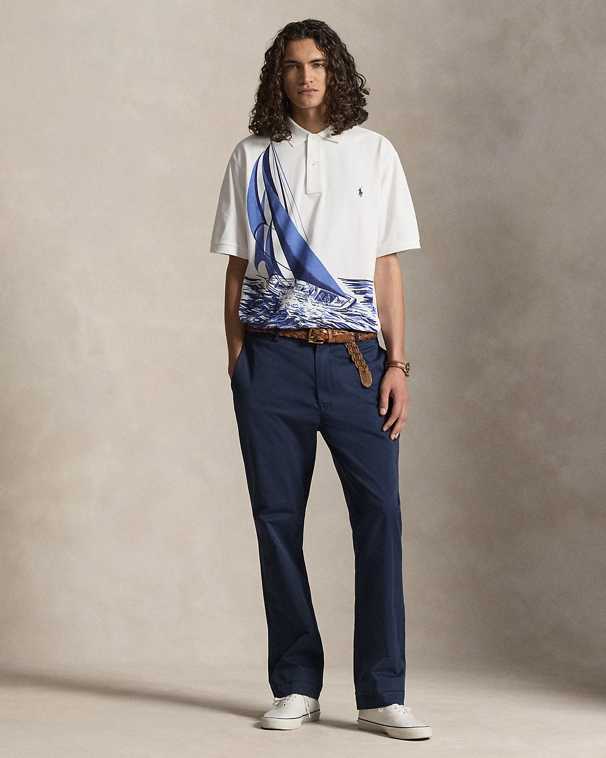 Sailboat-Print Mesh Polo Shirt