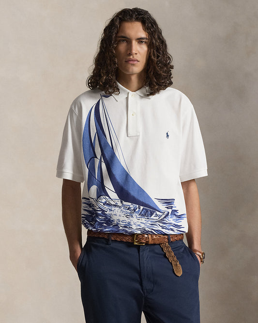 Sailboat-Print Mesh Polo Shirt