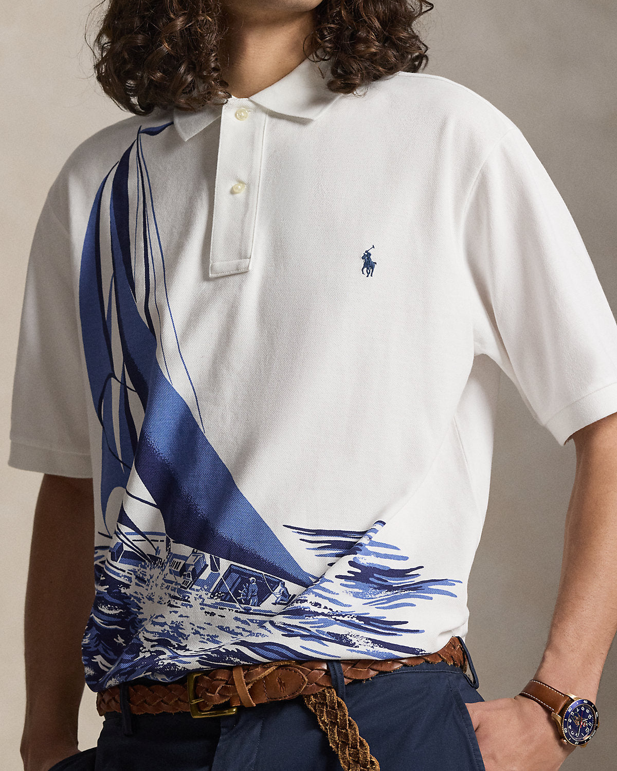 Sailboat-Print Mesh Polo Shirt