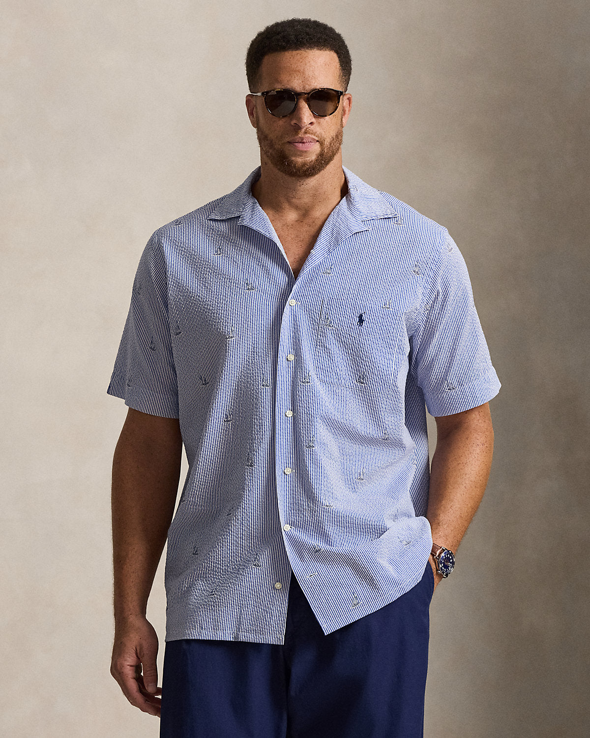 Sailboat-Print Seersucker Shirt