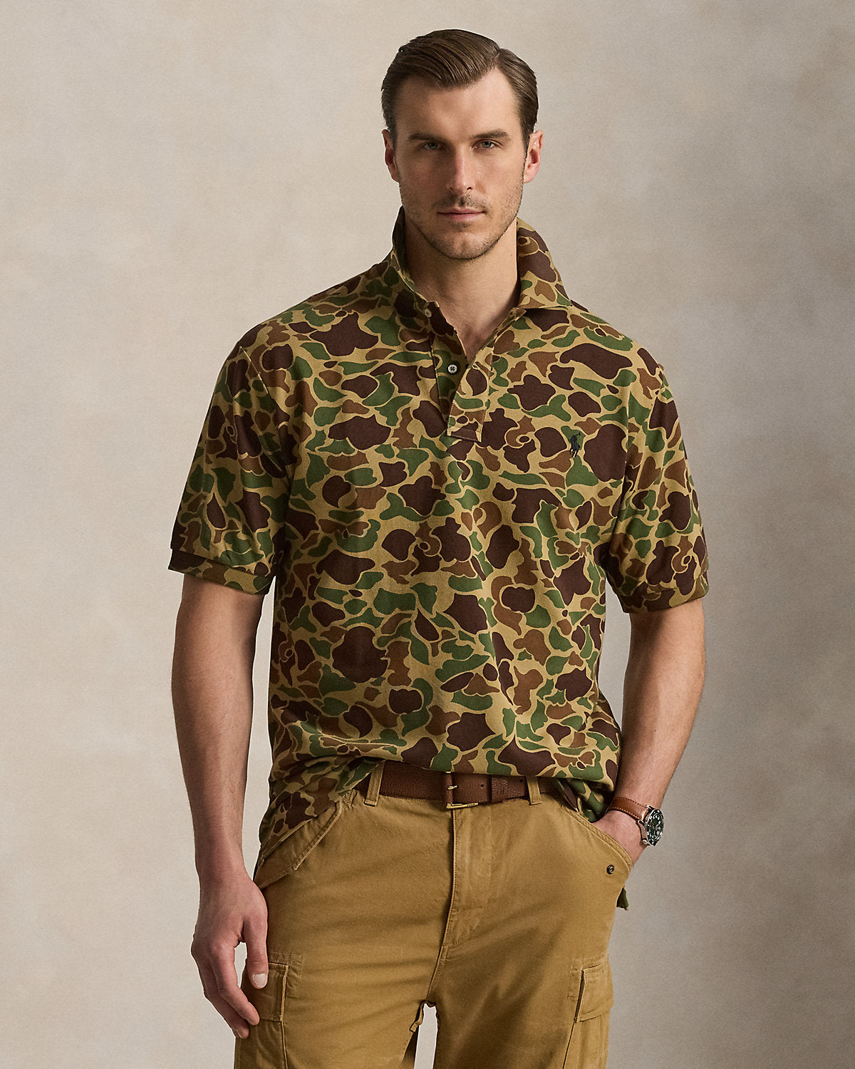 Camo-Print Mesh Polo Shirt