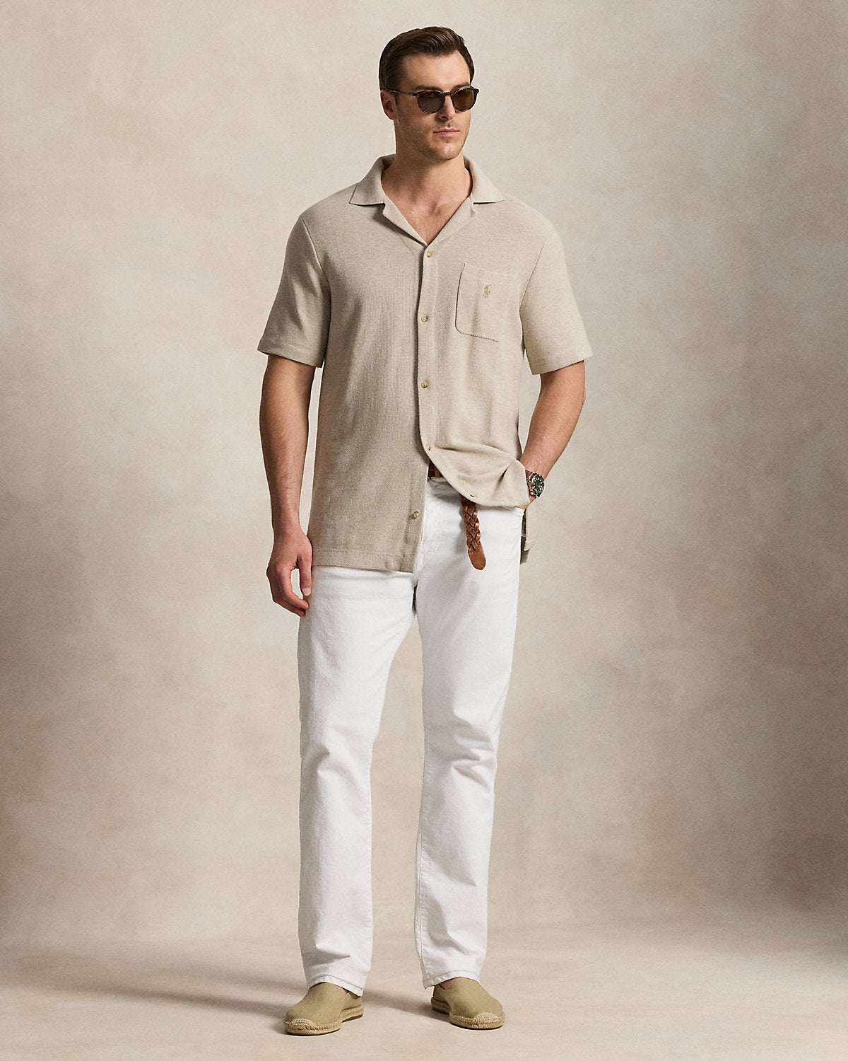 Mesh-Knit Cotton Camp Shirt Sweater