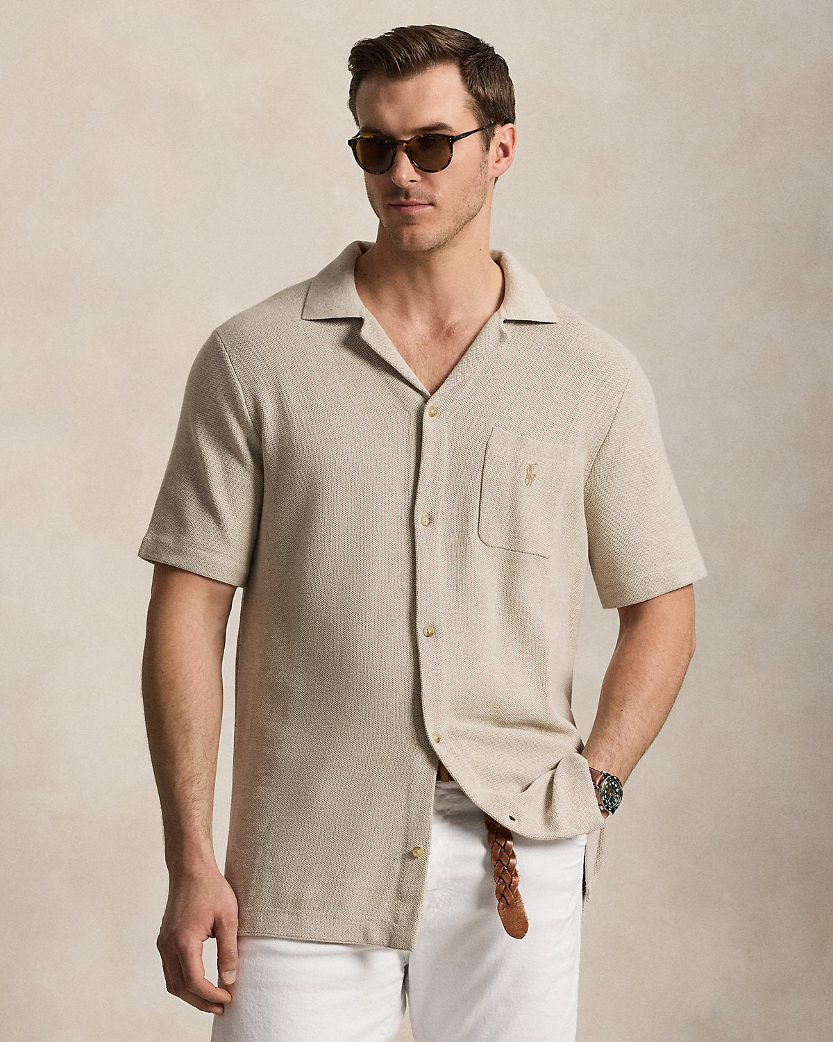 Mesh-Knit Cotton Camp Shirt Sweater