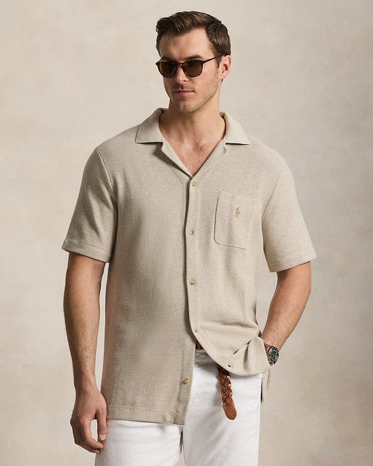 Mesh-Knit Cotton Camp Shirt Sweater