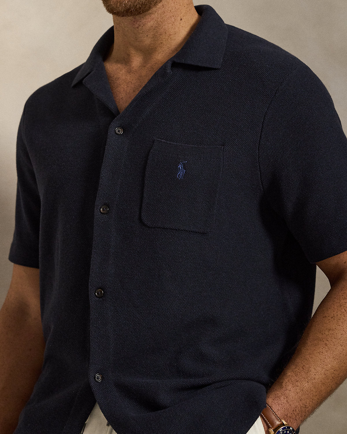 Mesh-Knit Cotton Camp Shirt Sweater
