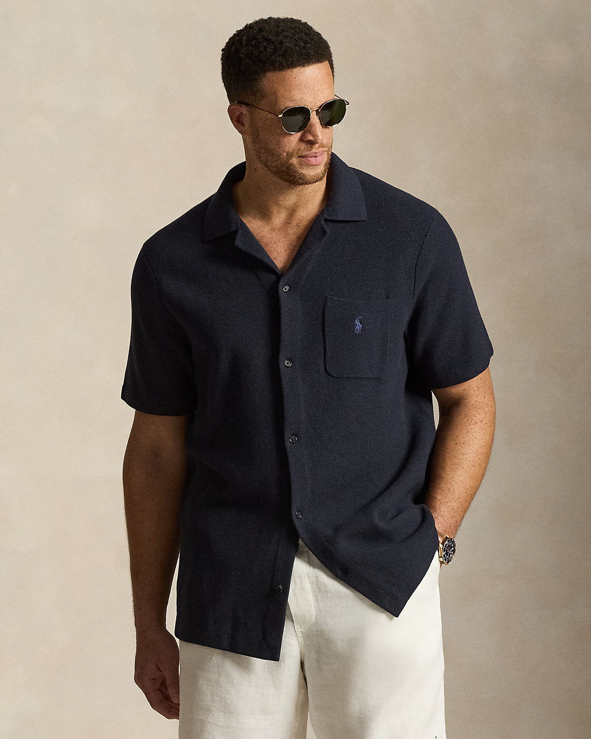 Mesh-Knit Cotton Camp Shirt Sweater