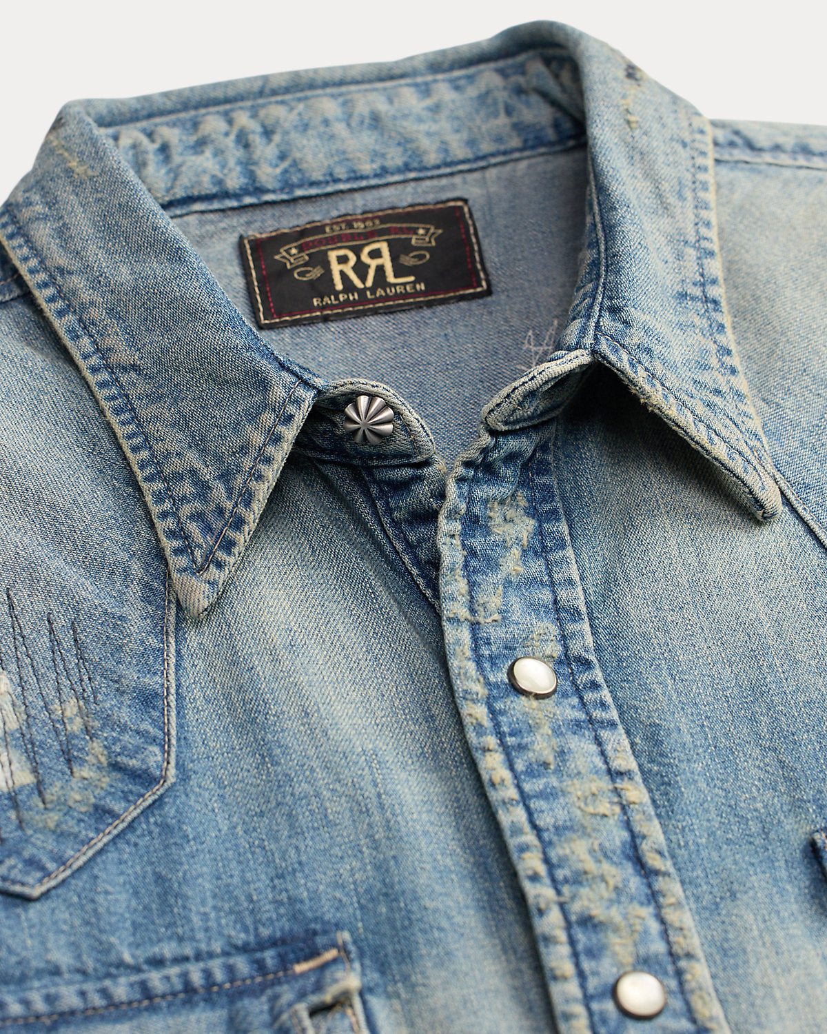 Slim Fit Repaired Denim Western Shirt
