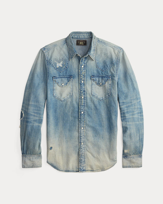 Slim Fit Repaired Denim Western Shirt