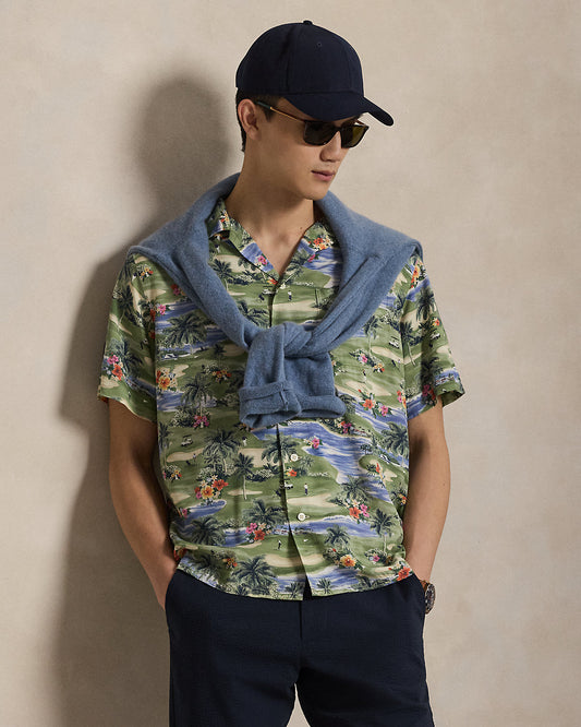 Classic Fit Golf Course-Print Camp Shirt