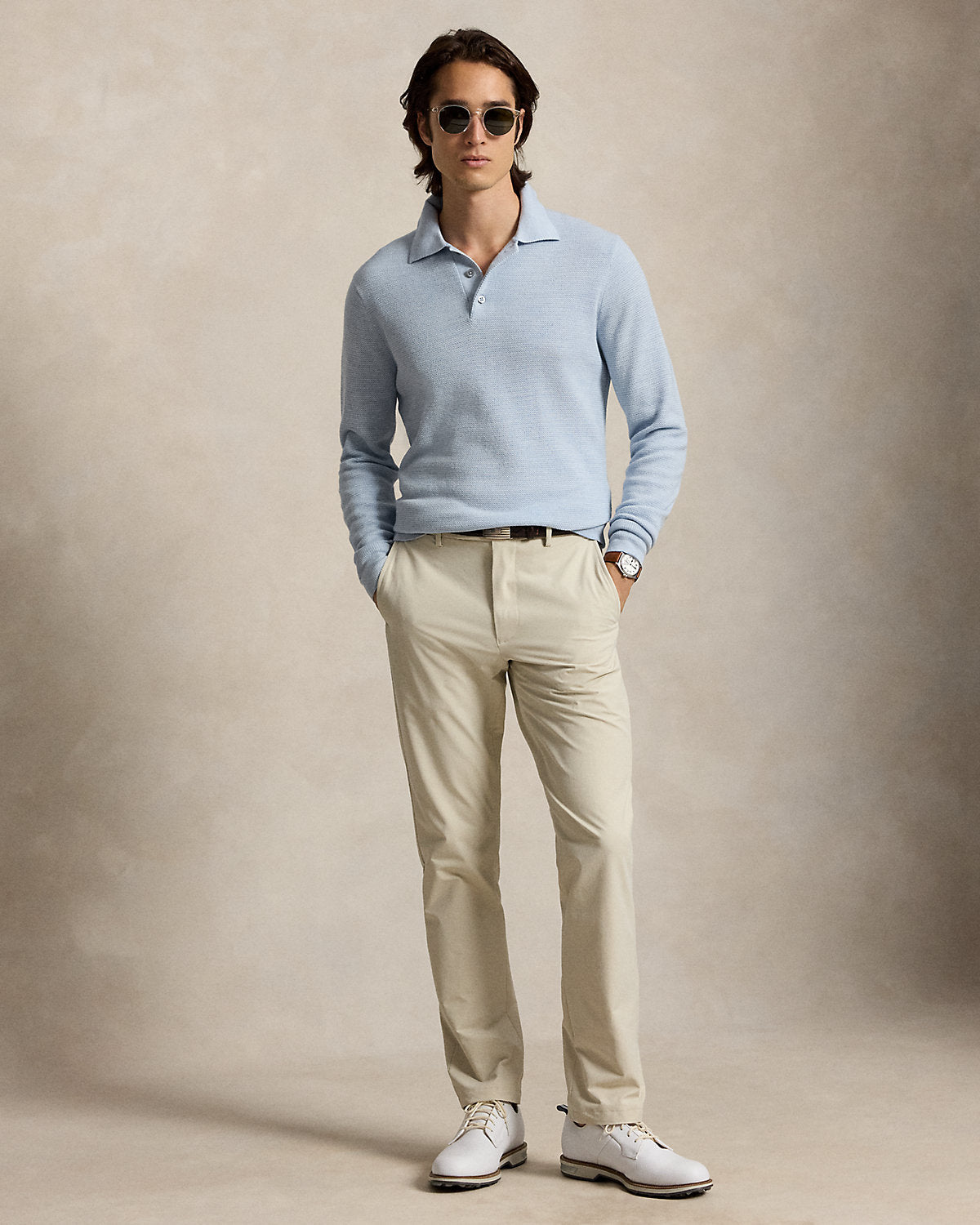 Striped Performance Polo-Collar Sweater