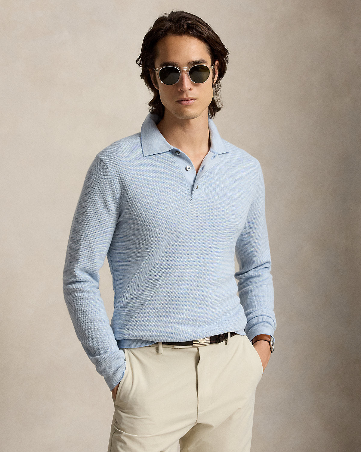 Striped Performance Polo-Collar Sweater