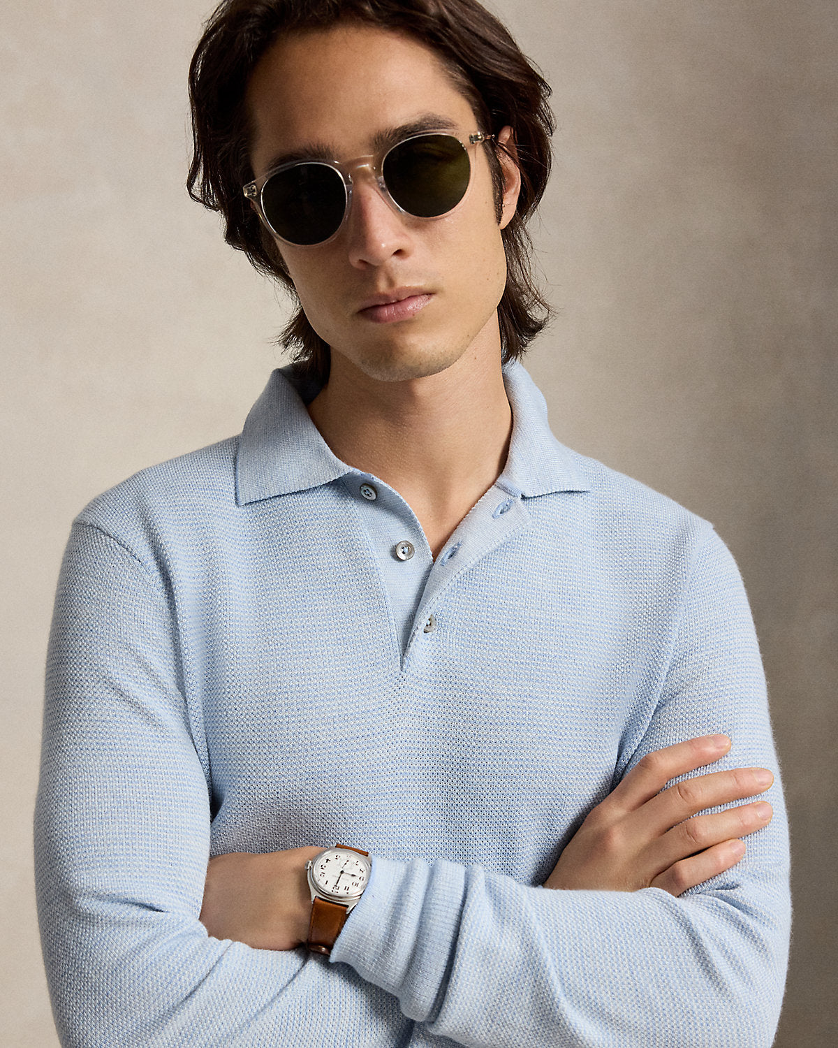 Striped Performance Polo-Collar Sweater