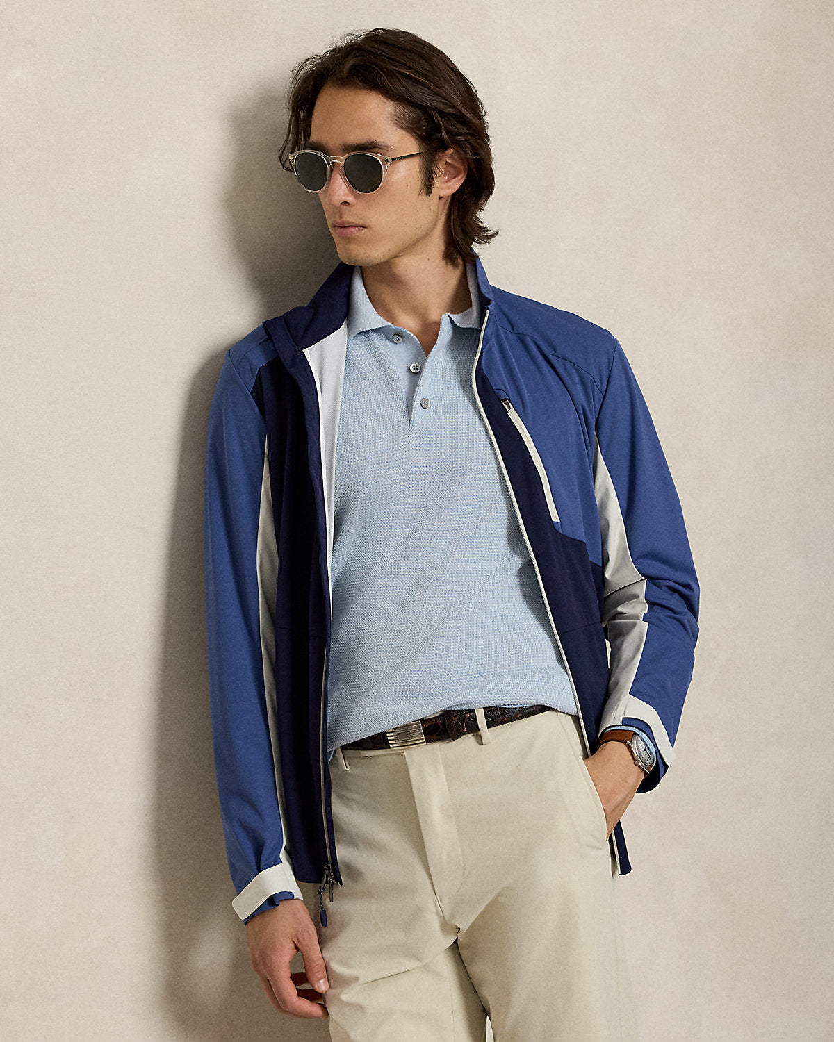 Striped Performance Polo-Collar Sweater