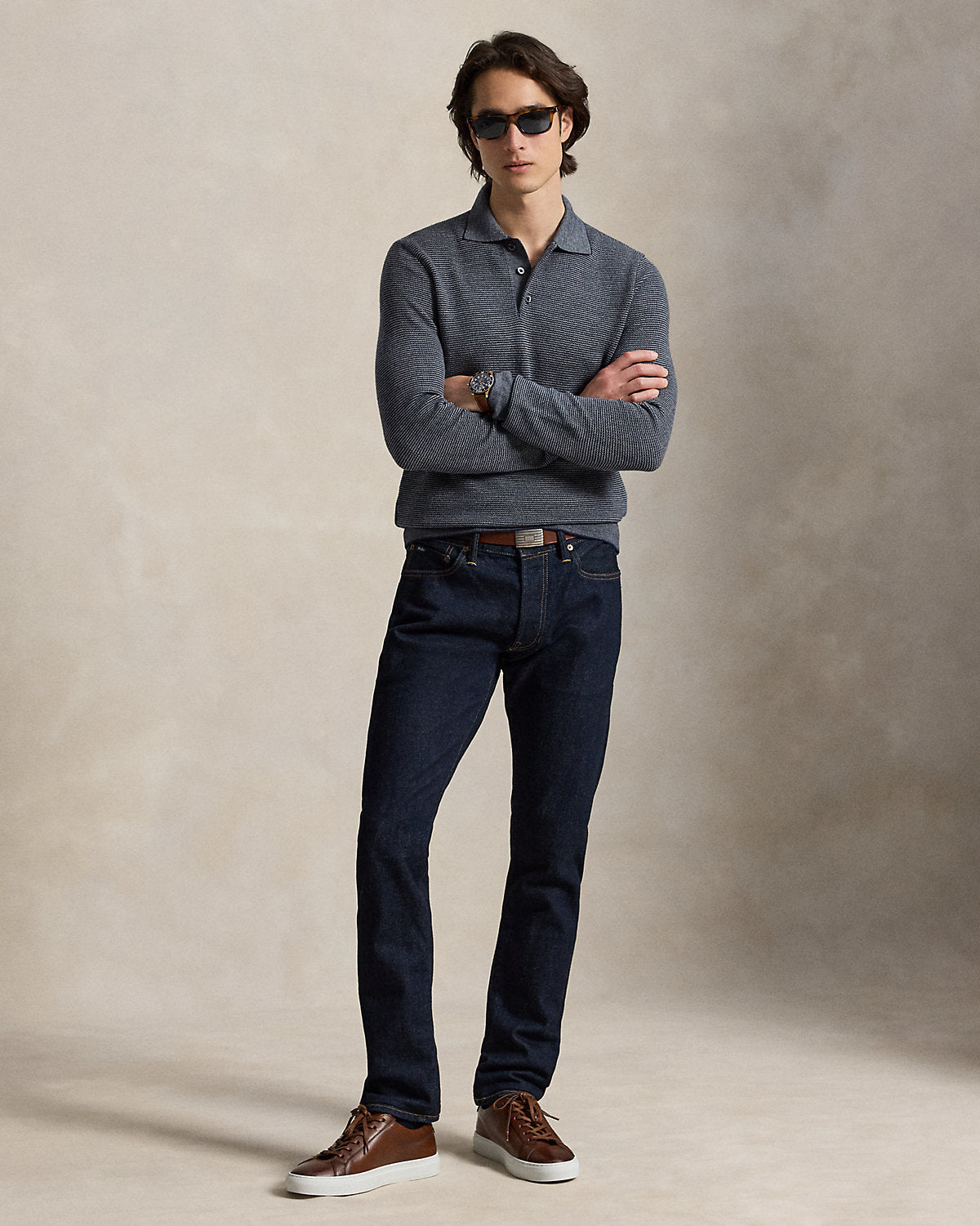 Striped Performance Polo-Collar Sweater