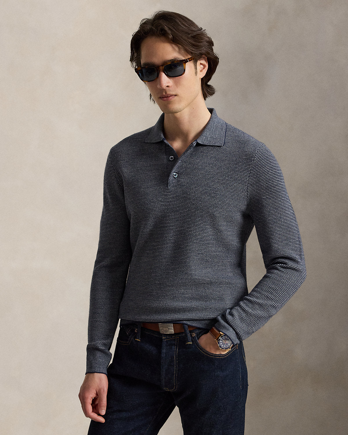 Striped Performance Polo-Collar Sweater