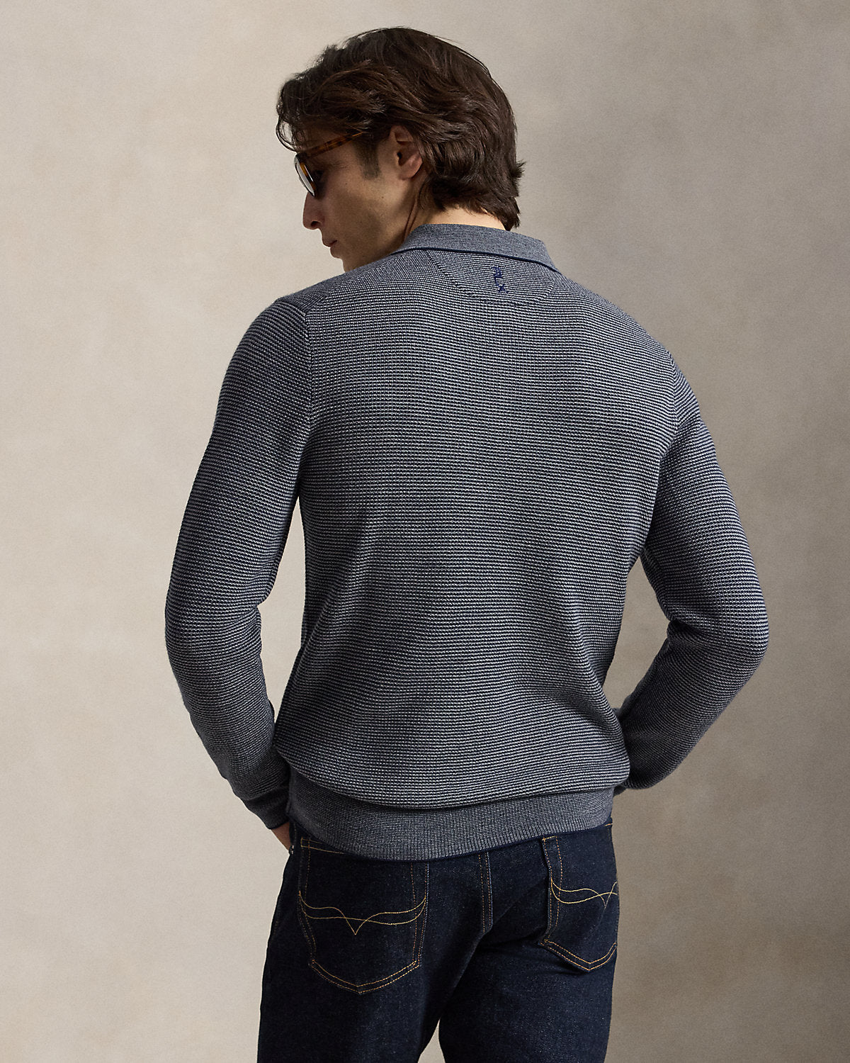 Striped Performance Polo-Collar Sweater