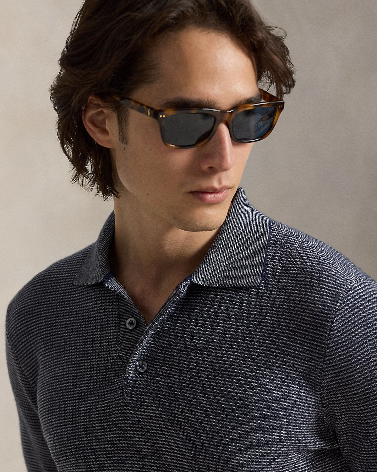 Striped Performance Polo-Collar Sweater
