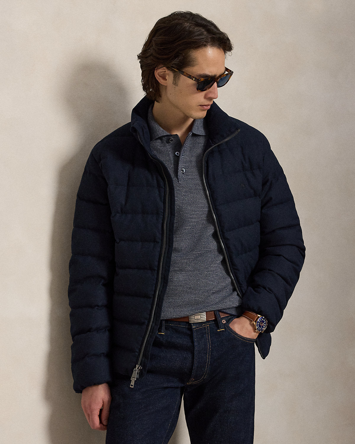 Striped Performance Polo-Collar Sweater
