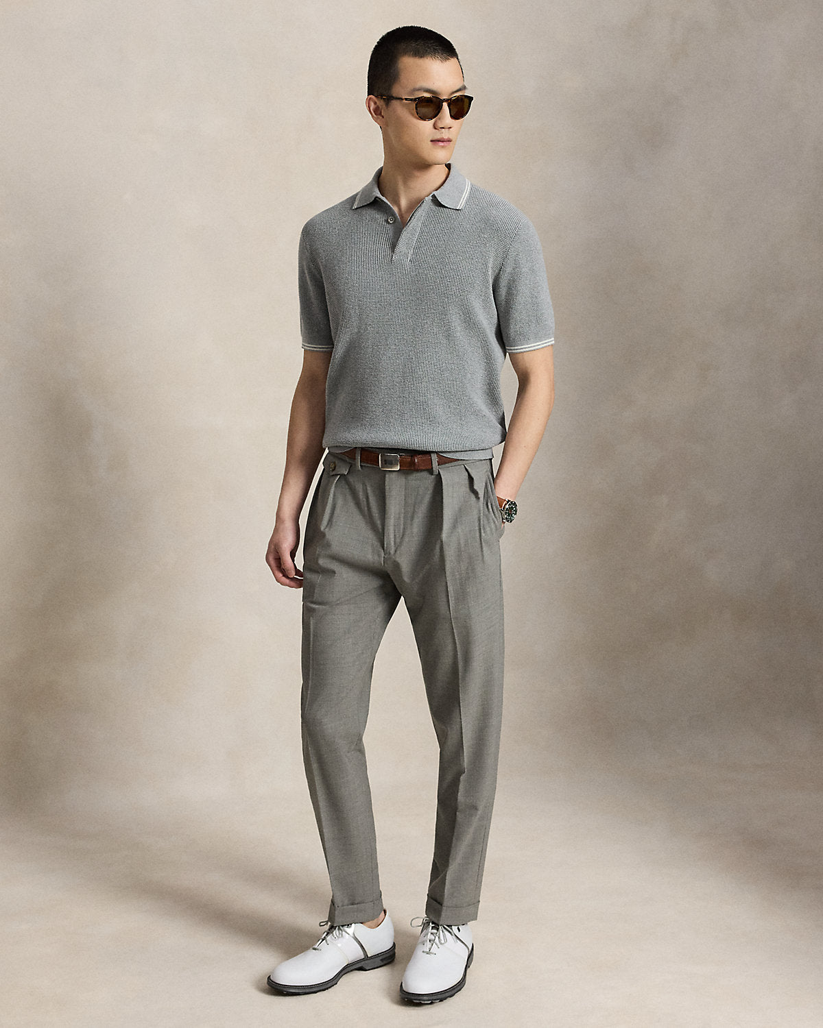 Waffle-Knit Cotton Polo Sweater
