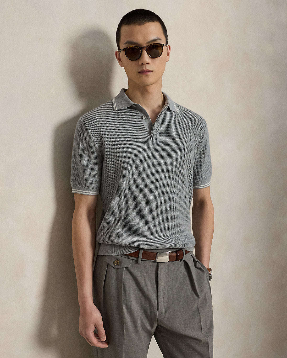 Waffle-Knit Cotton Polo Sweater