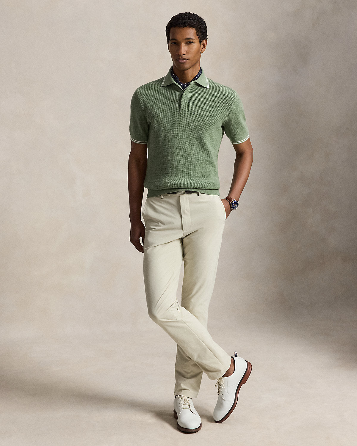 Waffle-Knit Cotton Polo Sweater