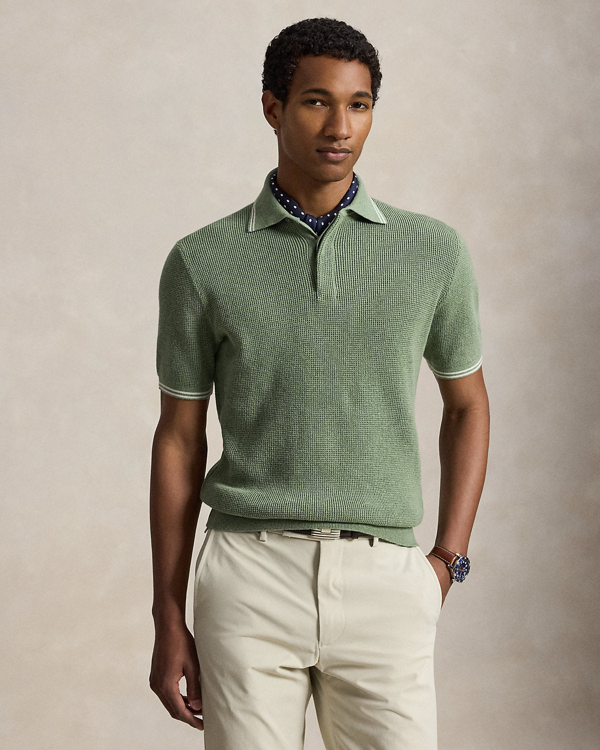 Waffle-Knit Cotton Polo Sweater