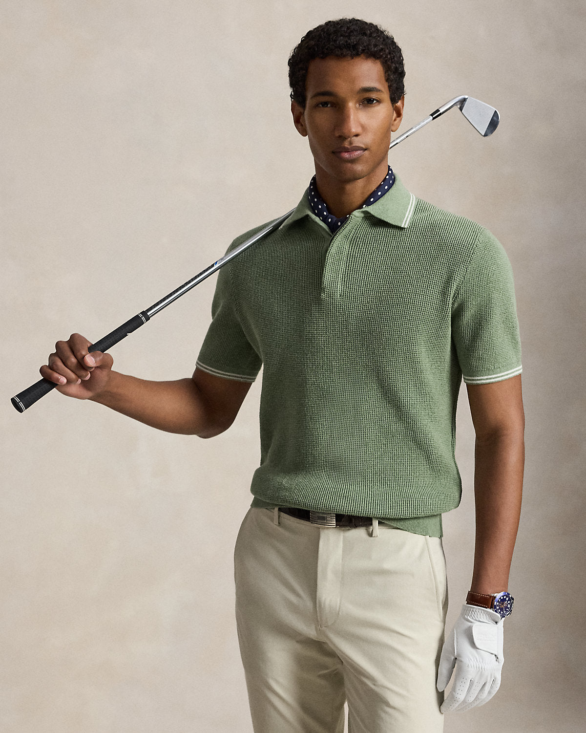 Waffle-Knit Cotton Polo Sweater