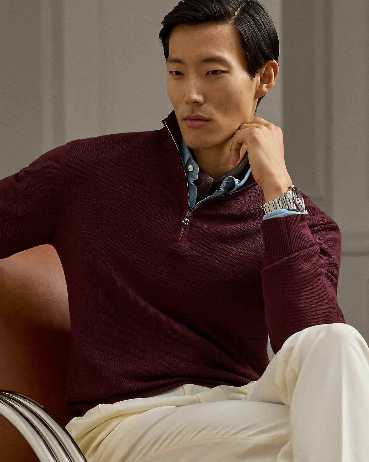 Piqu¨¦-Knit Wool Quarter-Zip Sweater