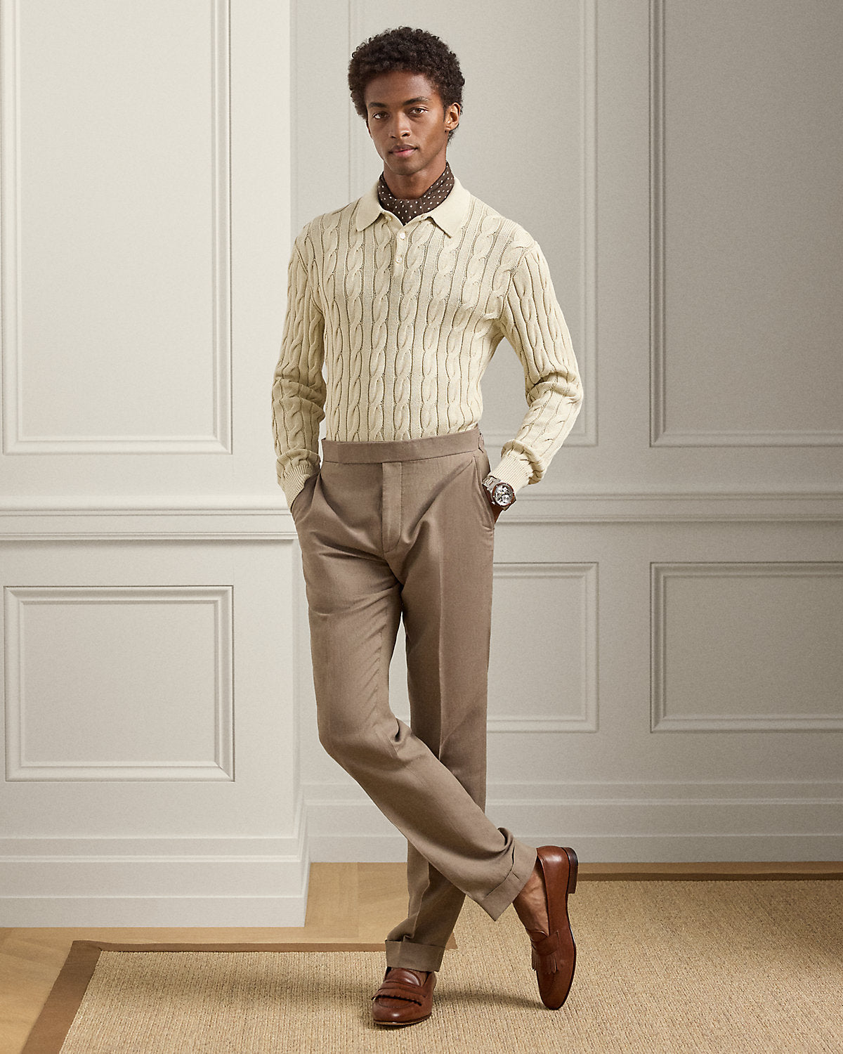 Cable-Knit Cotton-Blend Polo Sweater