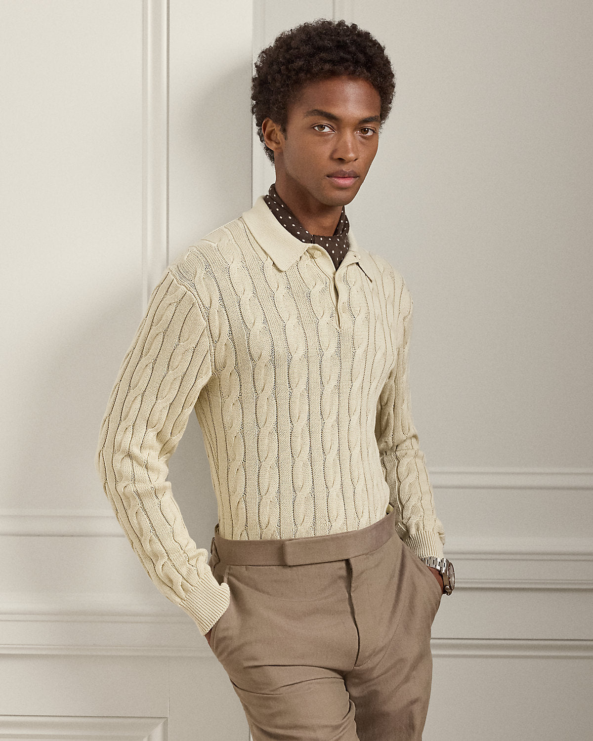 Cable-Knit Cotton-Blend Polo Sweater
