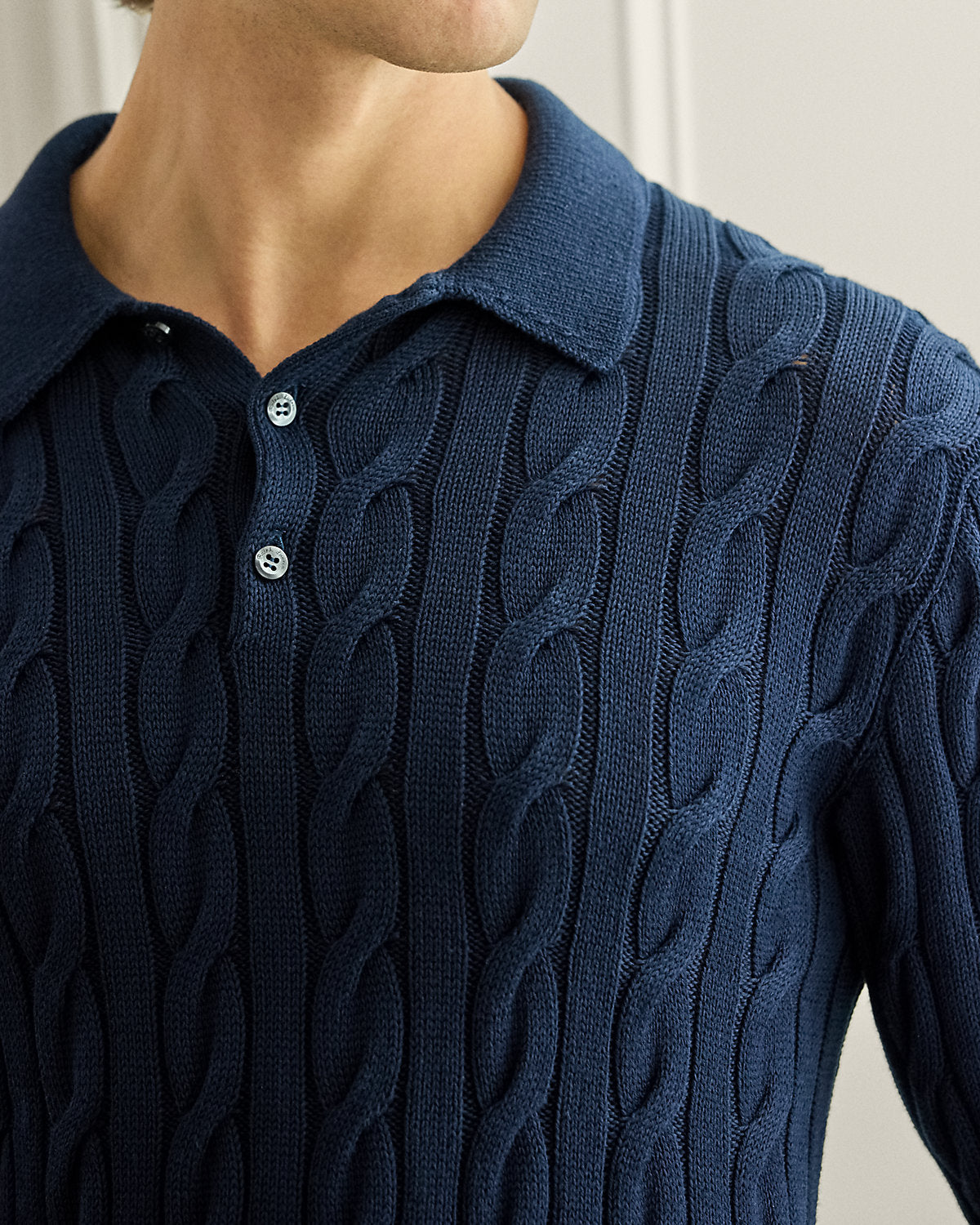 Cable-Knit Cotton-Blend Polo Sweater