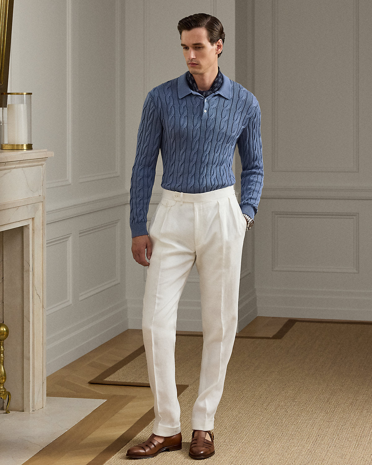 Cable-Knit Cotton-Blend Polo Sweater