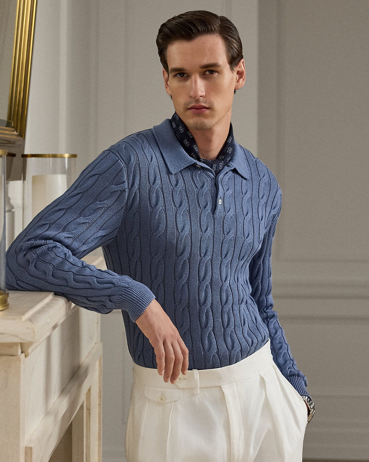 Cable-Knit Cotton-Blend Polo Sweater
