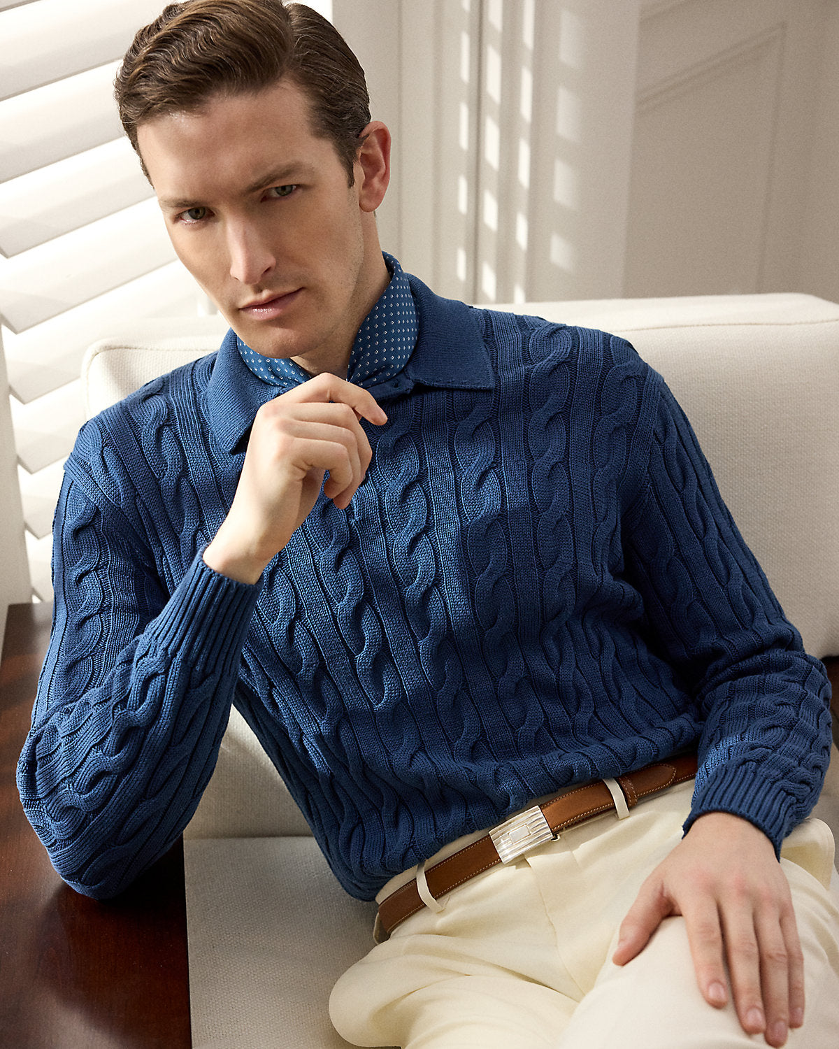 Cable-Knit Cotton-Blend Polo Sweater