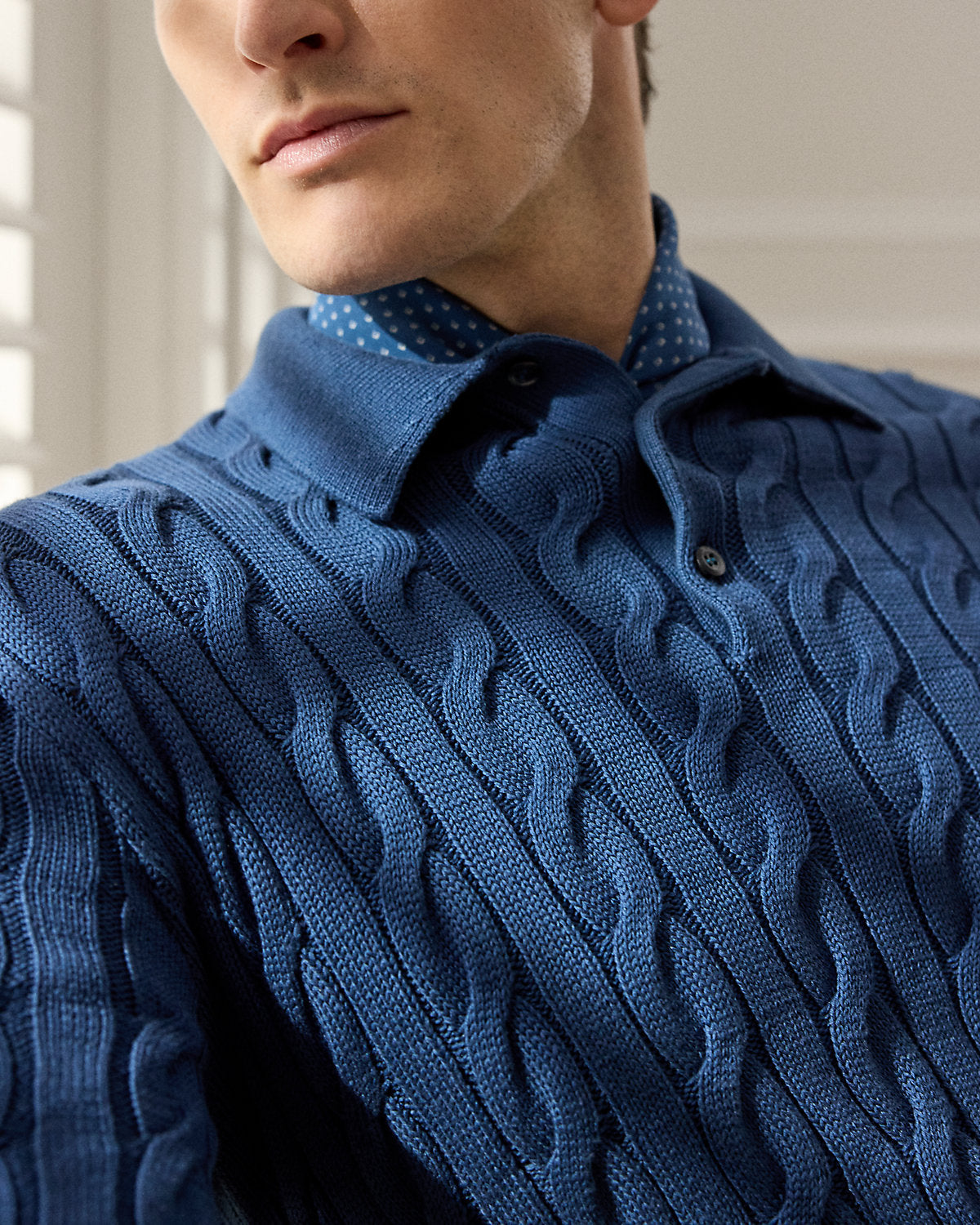 Cable-Knit Cotton-Blend Polo Sweater