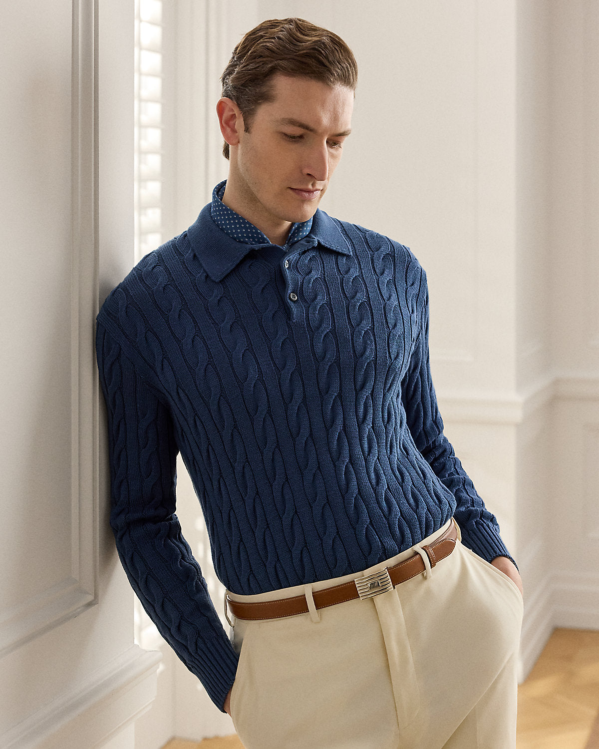 Cable-Knit Cotton-Blend Polo Sweater