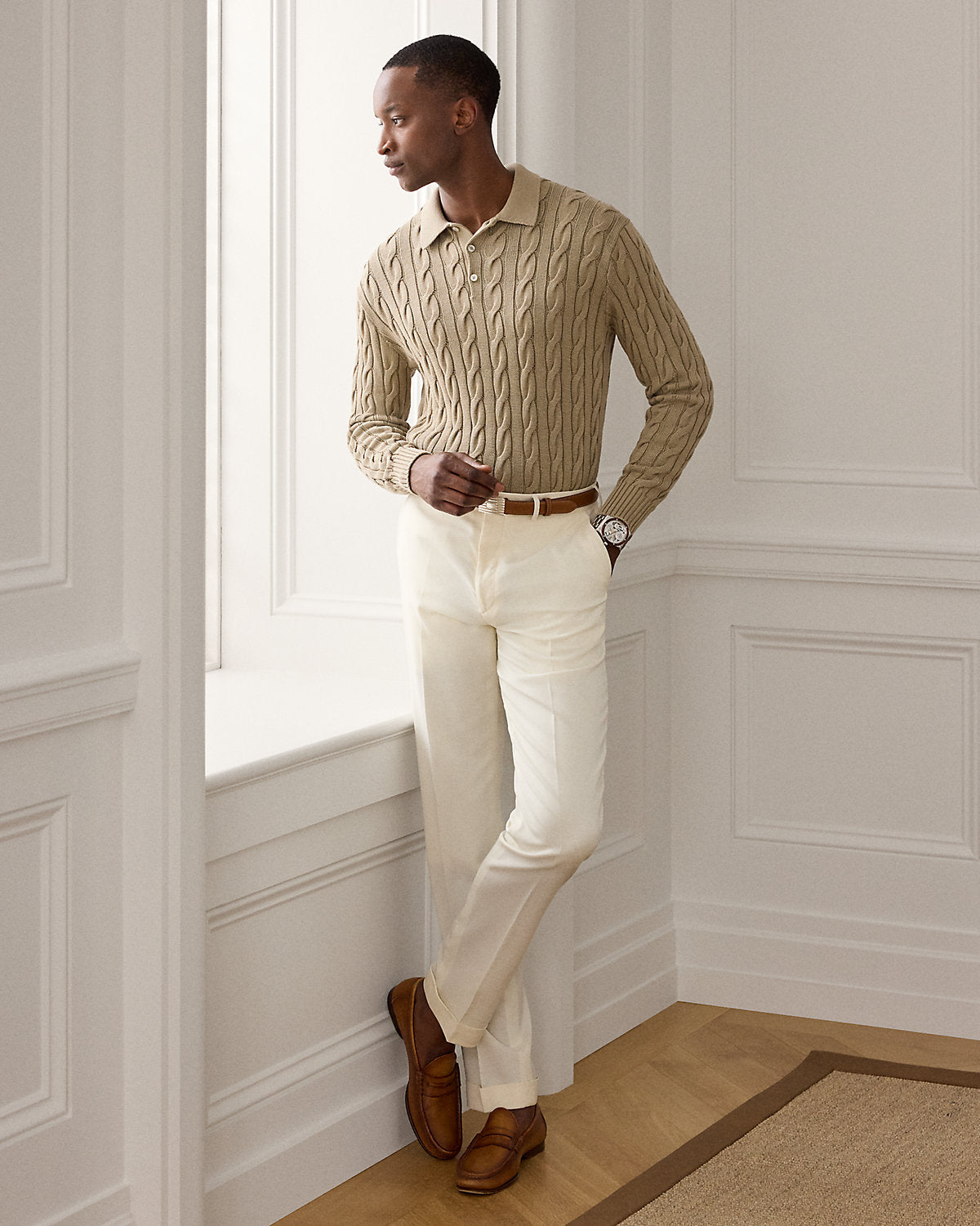 Cable-Knit Cotton-Blend Polo Sweater