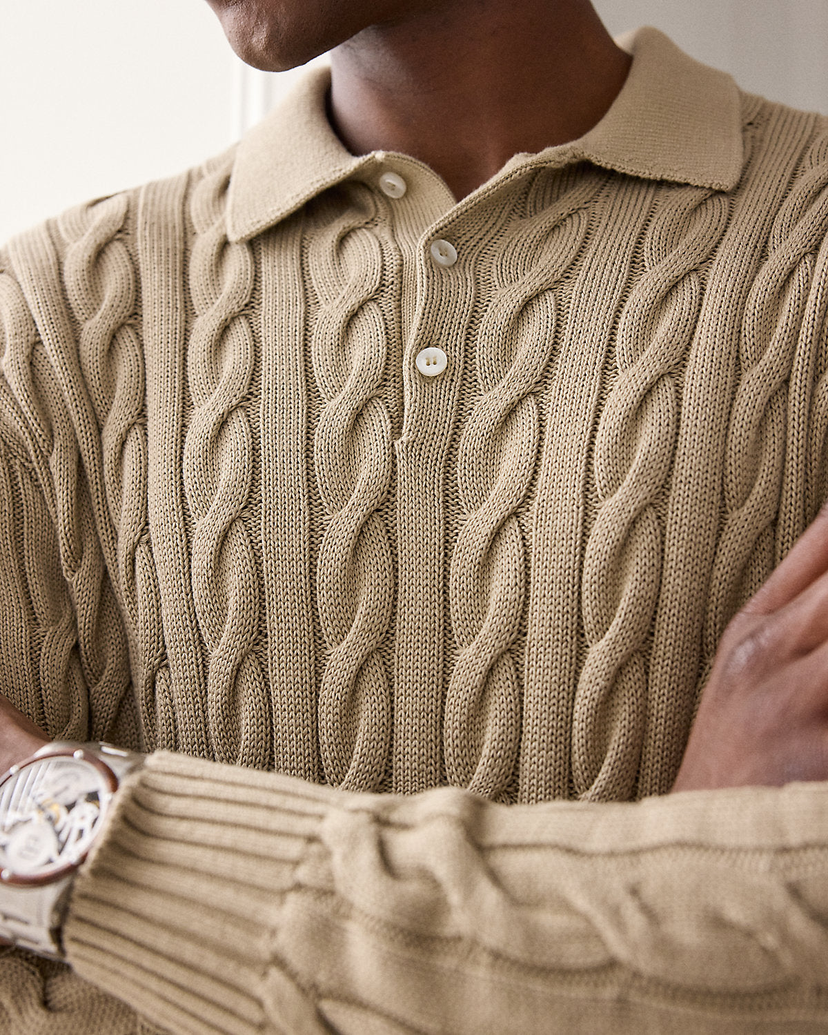 Cable-Knit Cotton-Blend Polo Sweater