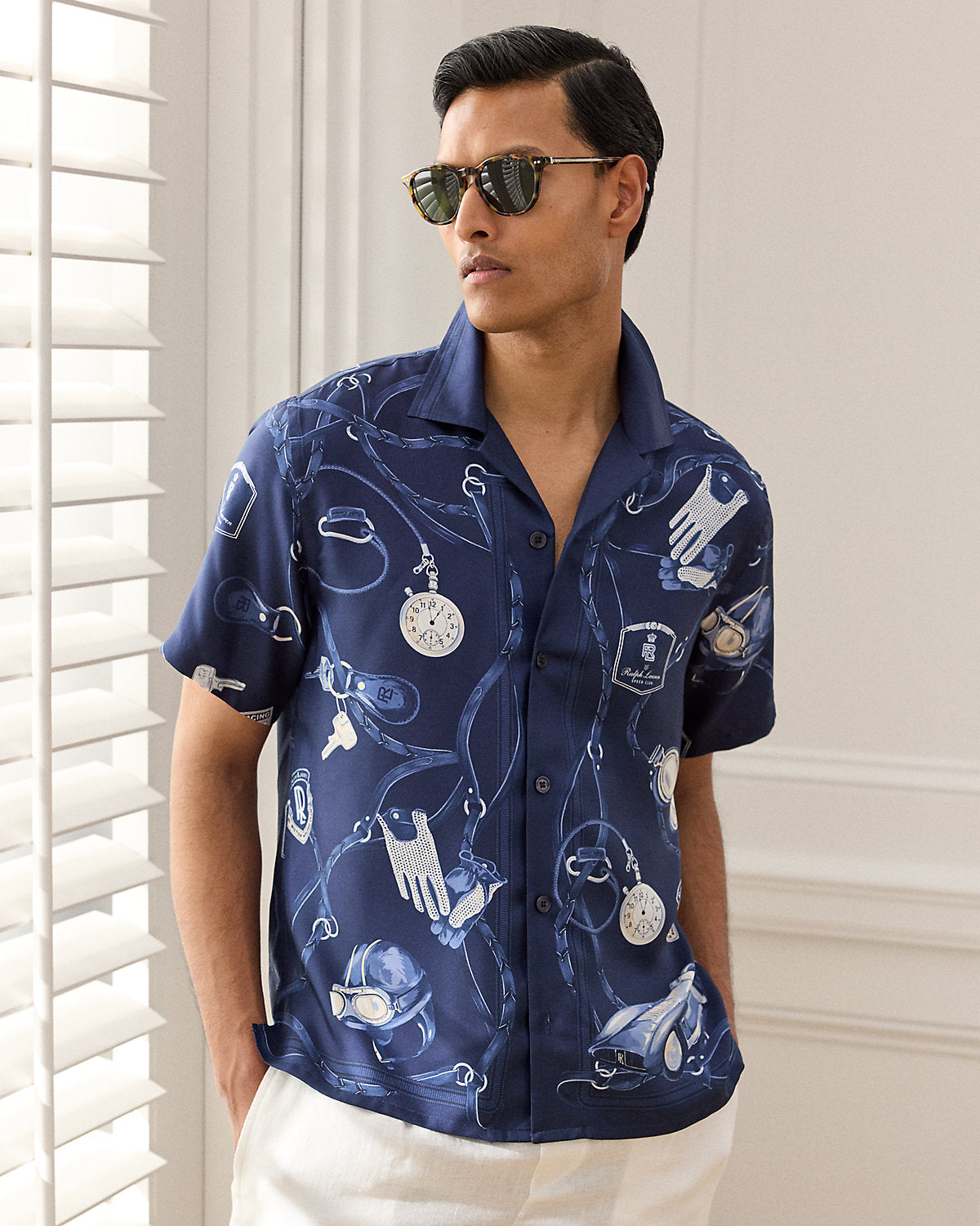 Automobile-Print Silk Camp Shirt